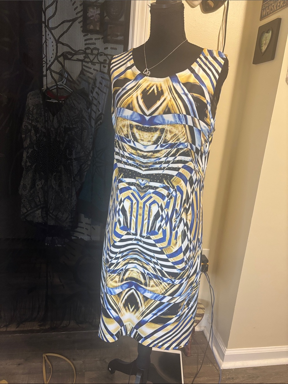 Simply Couture Sleeveless Abstract Geometric Dress in Blue & Gold